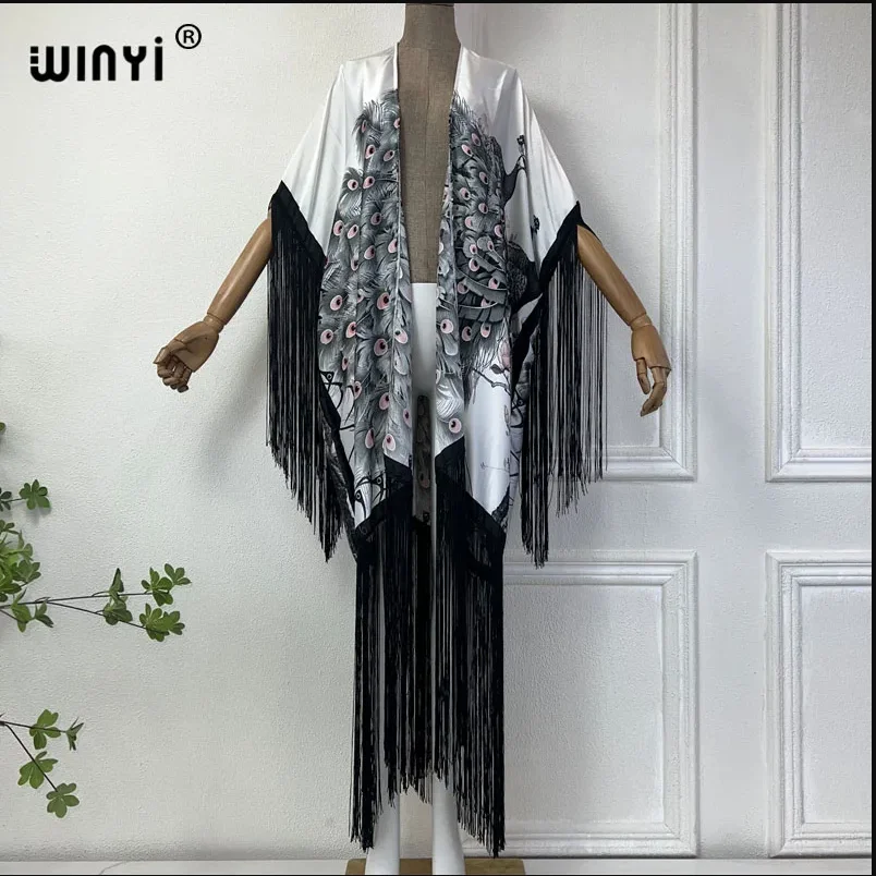 WINYI Kimono Summer Beach Bikini Cover-up Sexy Tassel Cardigan Holiday Long Sleeve Maxi Dress Beach Wear Women 2025 Poncho Coat