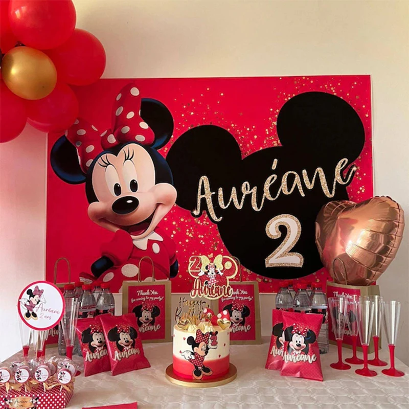 Disney Red Minnie Mouse Birthday Backdrop Photography Custom Product Boys Girls Birthday Photo Background