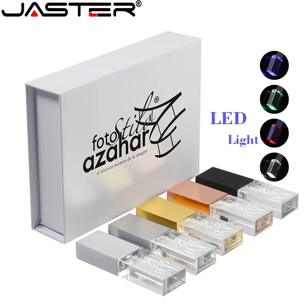 JASTER LED Crystal High Speed USB 2.0 Flash Drive 128GB Free Customized Logo Pen Drive 64GB Clear Glass Photography Gift U disk