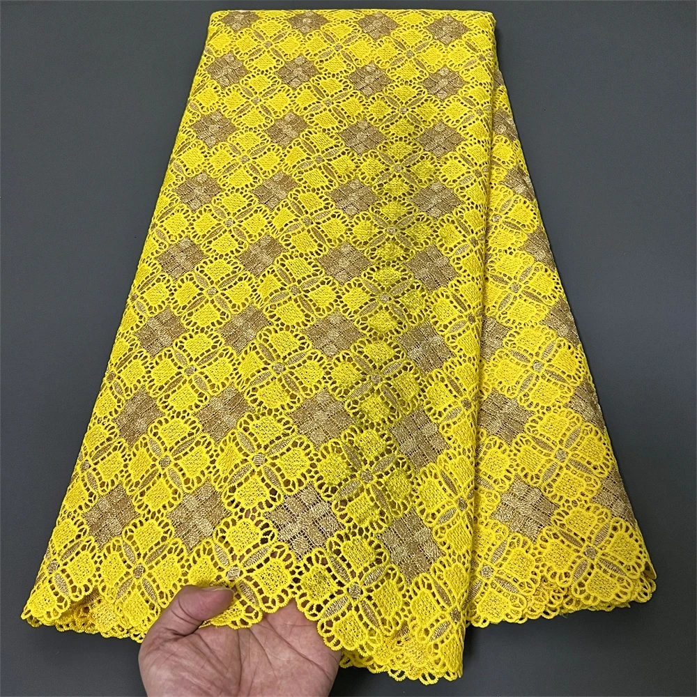 

2024High Quality African Nigerian Tulle Lace Fabric Cotton Embroidery Wedding Party Dress Golden Damask Sequins 5Yard Hz1272