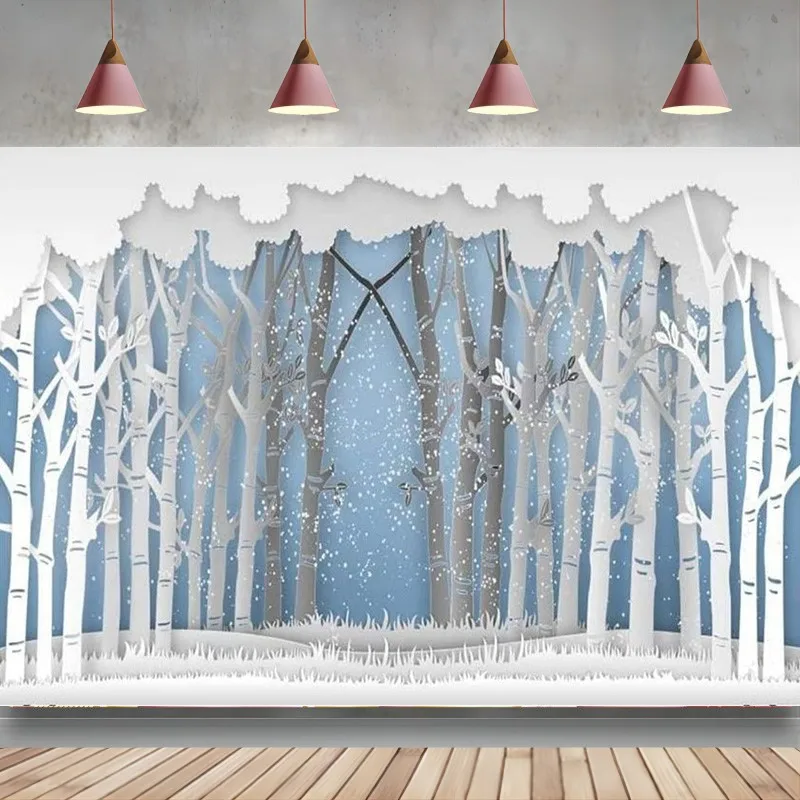 Snow Forest Cartoon Backdrop Winter Wonderland Background Festival Children Party Birthday Baby Shower Party Banner Decoration