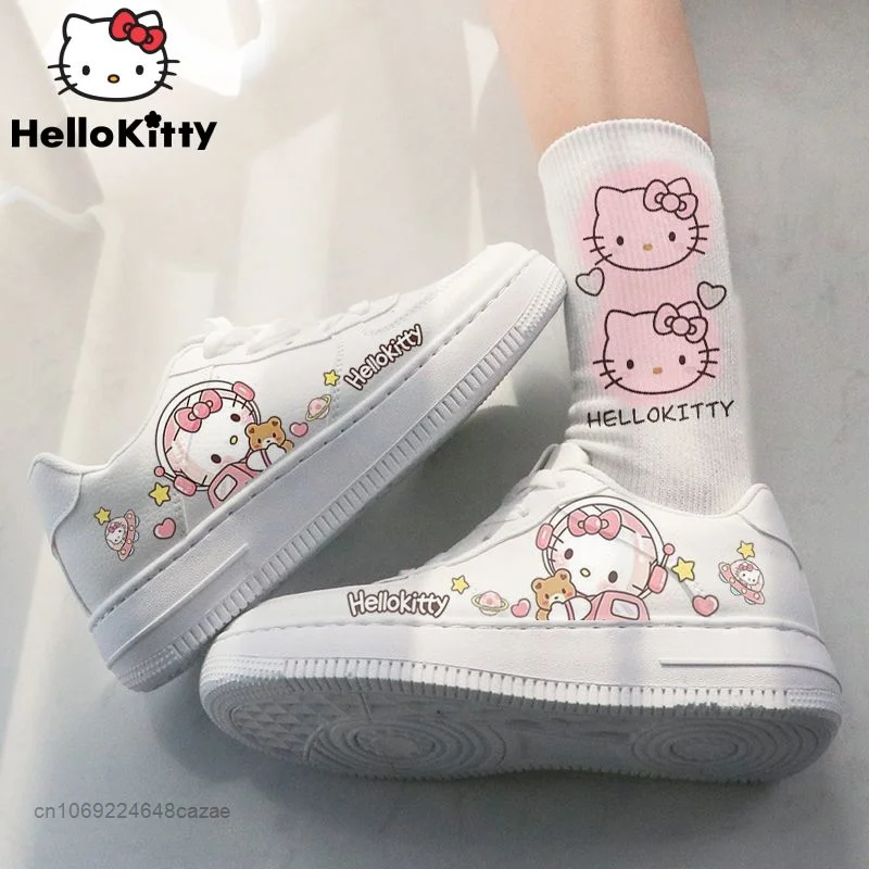 Sanrio-zapatos de Hello Kitty para mujer, zapatillas planas con estampado de dibujos animados Y2k, a la moda, para estudiantes, color blanco