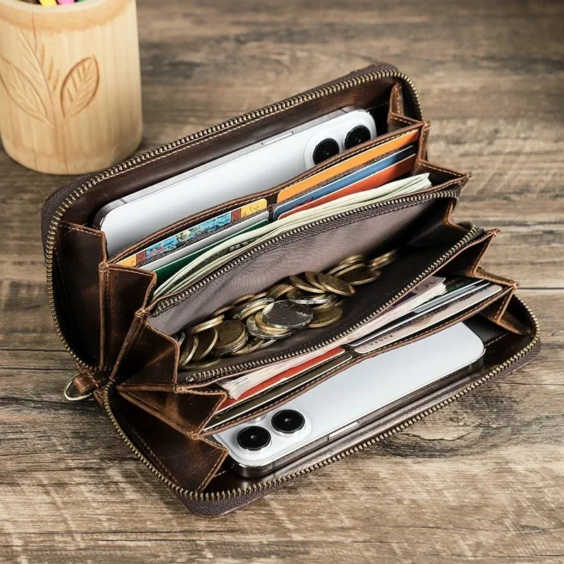 100%Genuine Leather Men Long Wallet Large Capacity Male Clutch Zipper Coin Cellphone Pocket Card Holder Casual Purse