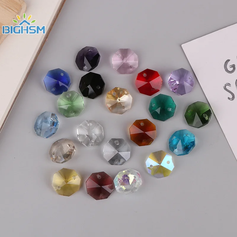 50Pcs 14MM 2 Holes Crystal Glass Octagonal Beads Prisms Curtain Chandelier Parts Pendant Glass Loose Bead DIY Jewelry Decor