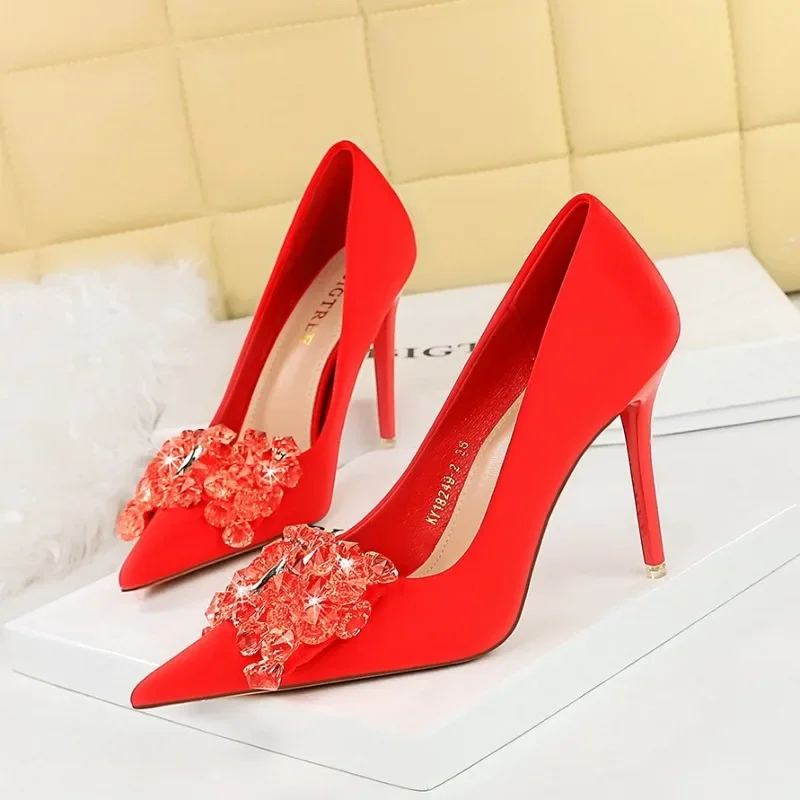 BIGTREE Shoes Gemstone Bowknot Women Pumps Silks Satins High Heels Sexy Party Shoes Fashion Stilettos Wedding Shoes Stilettos