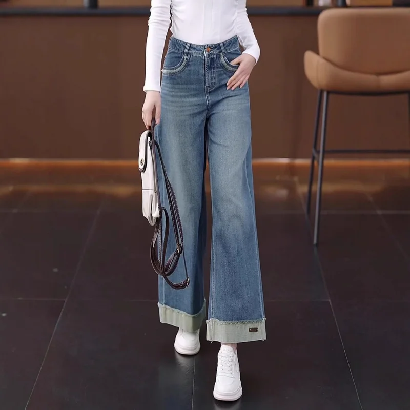 

Raw Edge Patchwork Straight-Leg Jeans for Women, Autumn Fashion, Slimming, Loose Fit, Draped, Versatile Wide-Leg Pants