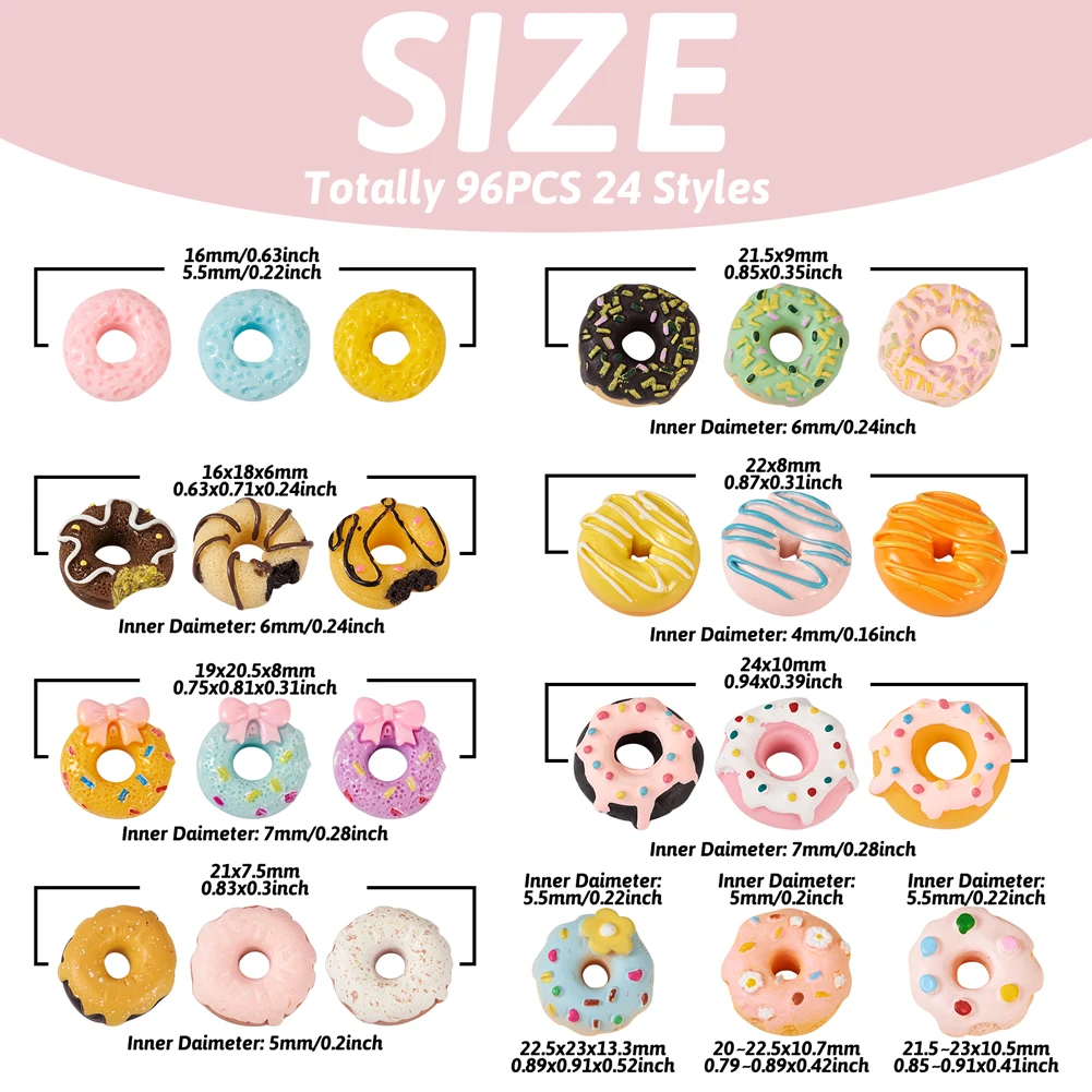 96Pcs Cute Donut Resin Flatback Cabochons Imitation Food Doughnut for DIY Mobile Phone Decoration Bobby Pin Hair Accessories