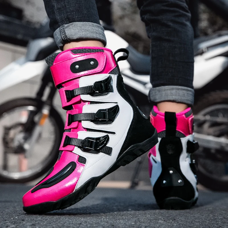 Anti-slip Pink Motorcycle Boots Wear Resistant Motocross Shoes Antiskid Motorcycle Shoes Friction Force Off-road Boots 37-48