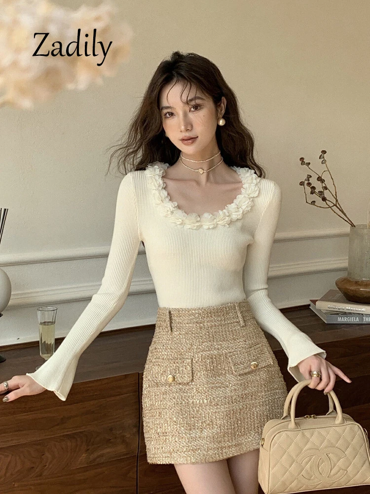 Zadily 2023 Winter Elegant Floral Appliques Long Sleeve Women Bottoming Sweater Korea Style O Neck Knit Woman Pullover Clothing