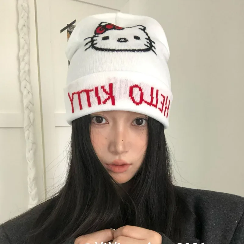 Korean Style Autumn Hello Kitty Knitted Hat Y2k White Warm Versatile Beanies Cute Cartoon Winter Knitted Cap For Women