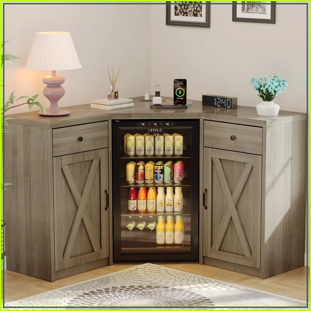 L-Shaped Corner Bar Cabinet with Fridge Space & Storage for Dining Living Room