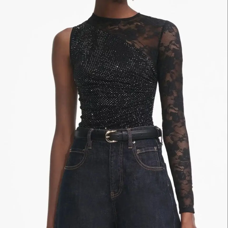 

Женские кружевные лоскутные рубашки со стразами, топы с асимметричными рукавами, модные роскошные топы