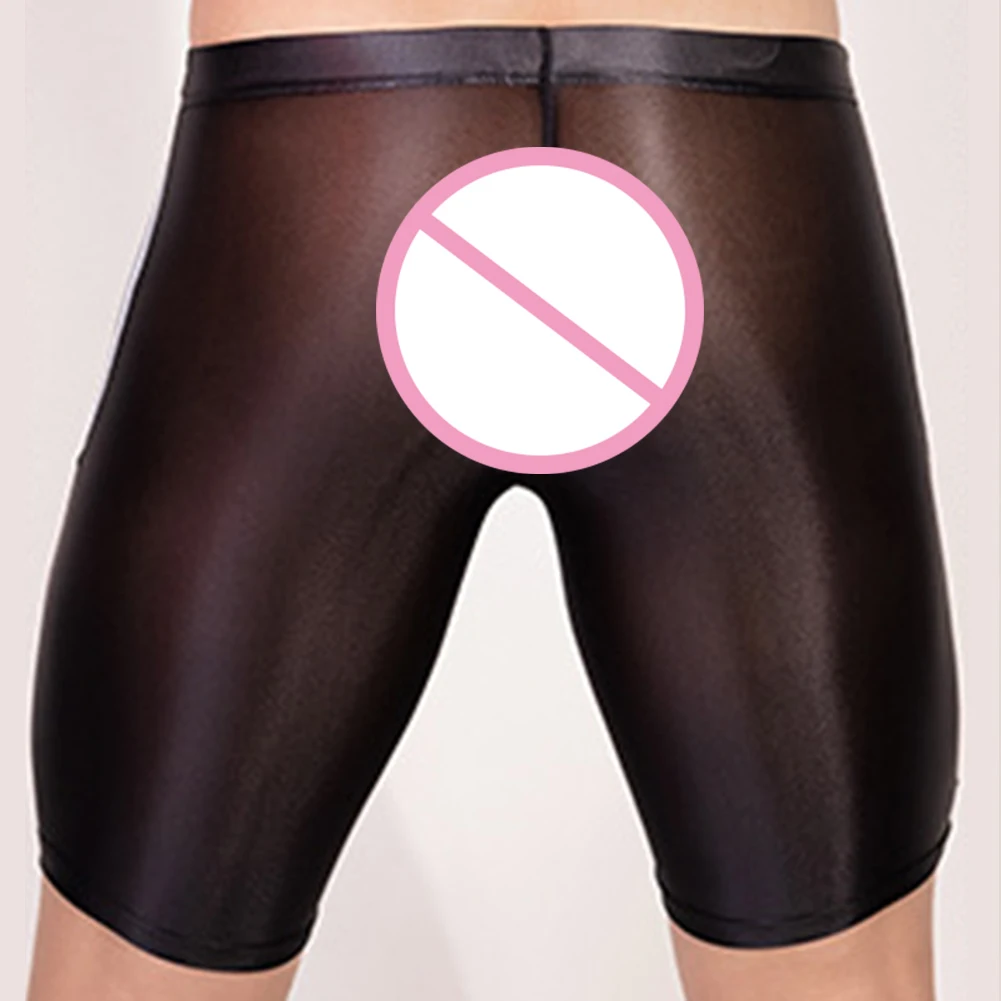 Mens Oil Shiny Glossy Underpants Long Shorts Stretchy Underwear Transparent Slim Smooth Briefs U Convex Pouch Panties