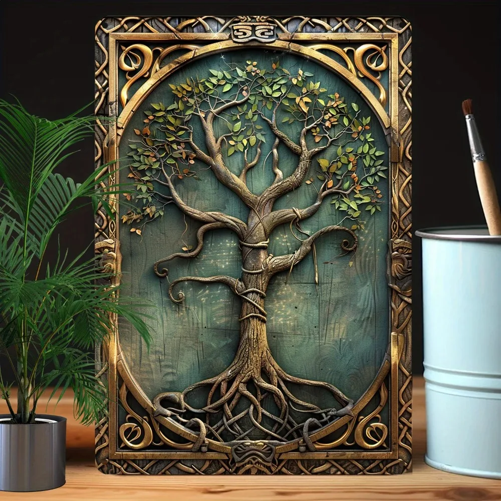 Vintage Keltischer Knoten Lebensbaum Metallschild, Retro Yggdrasil Weltbaum Wandkunst Deko, Rustikale Nordische Mythologie Baum-Plakette F