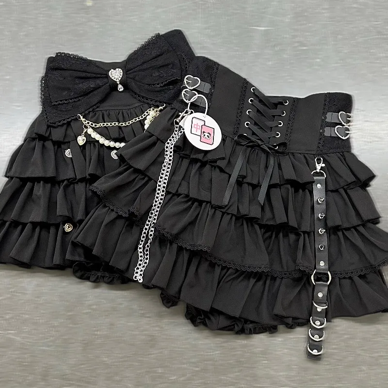 Gothic Lolita Mini Skirt High Waist Corset Style Plaid Solid Color Ruffle Lace Tiered Skirt Jirai Kei Harajuku Alt Streetwear