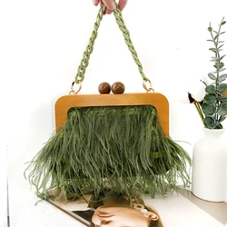 Designer Woman's Wooden Frame Ostrich Feather Clutch Bag Faux Fur Acrylic Chain Bags Feather Tote Handbag