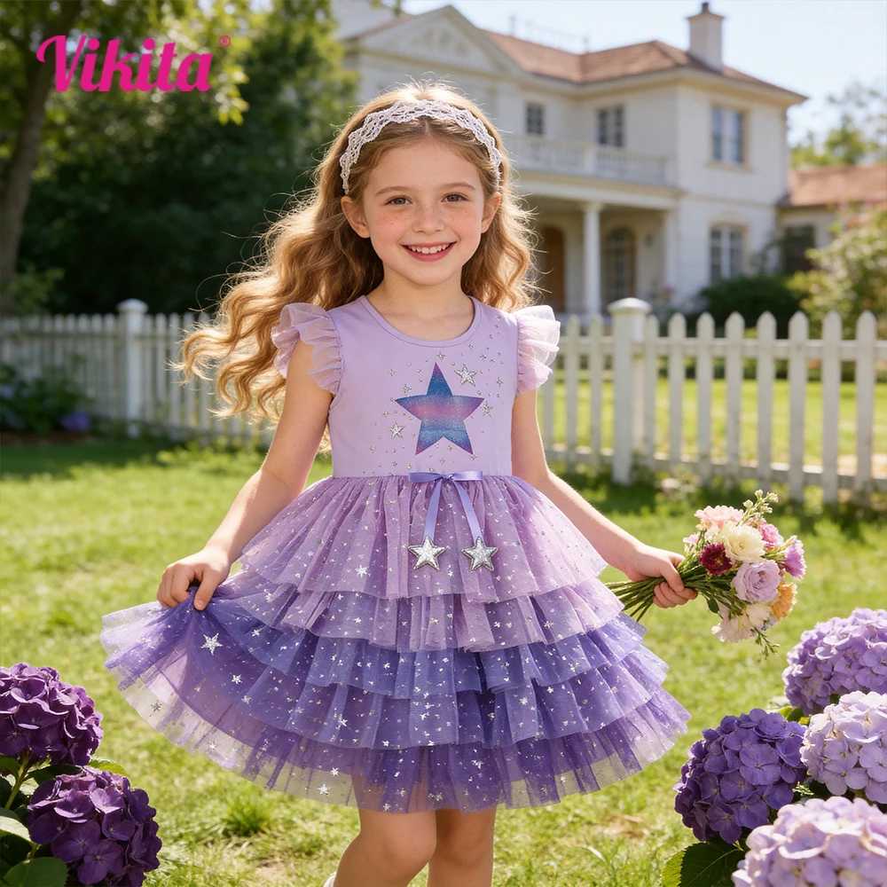 VIKITA Kleinkinder-Kleid mit glitzerndem Sternenmuster, Kinderkleid, lavendellila, Ombre-Tüll, Netzstoff, Rüschenärmel, Sommer, lässig, Party, Prinzessinnenkleid