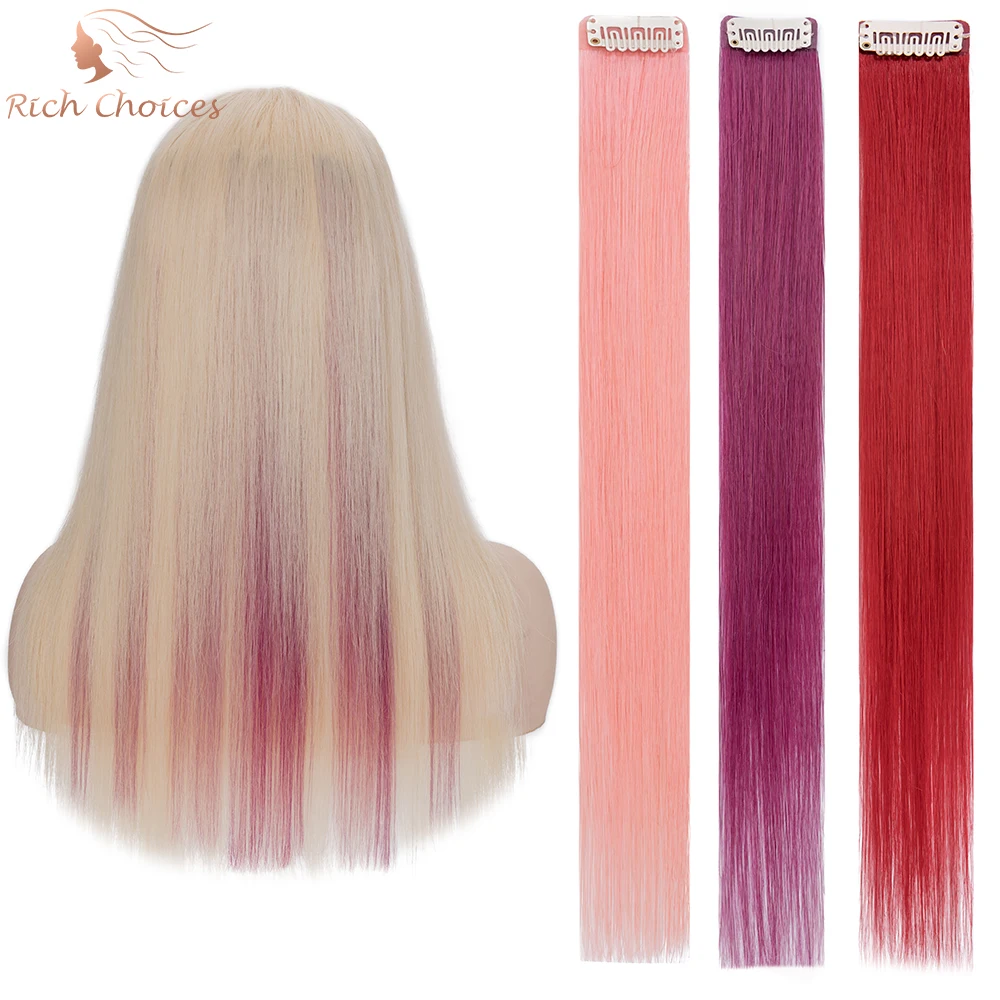 Rich Choices 16'' Colorful Straight Human Hair Clip in Colored Clip in Hair Extensions for Women and Kids Party Highlights