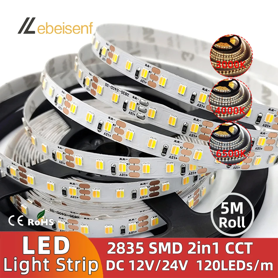 2 w 1 podwójny kolor 2835 SMD ct LED Strip 12V 24V 120LED/M niewodoodporny elastyczna lampa Bar 5m/roll 6000K 4000K 3000K ciepły biały