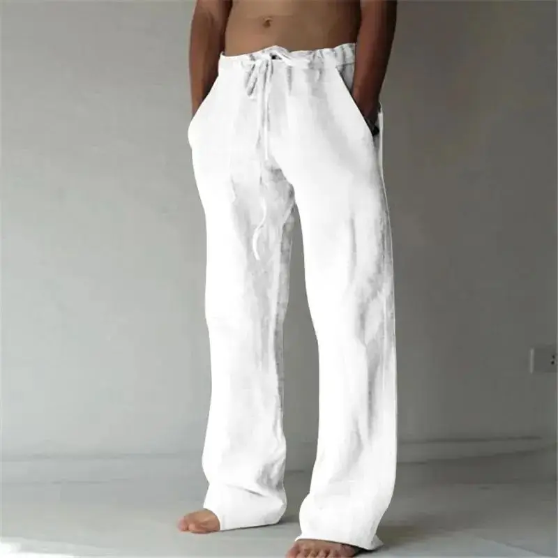 Herren Baumwoll-Leinen Lange Hosen Sommer Einfarbig Atmungsaktive Leinenhosen Männliche Lässige Hosen mit Elastischem Bund Harajuku Stil