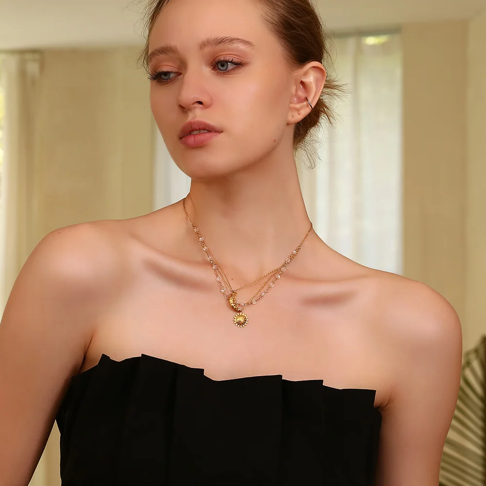 E.B.belle New Exquiste Three Layers Crystal Chain Hammered Moon Sun Pendant Necklaces Girls Waterproof Stainless Steel Jewelry