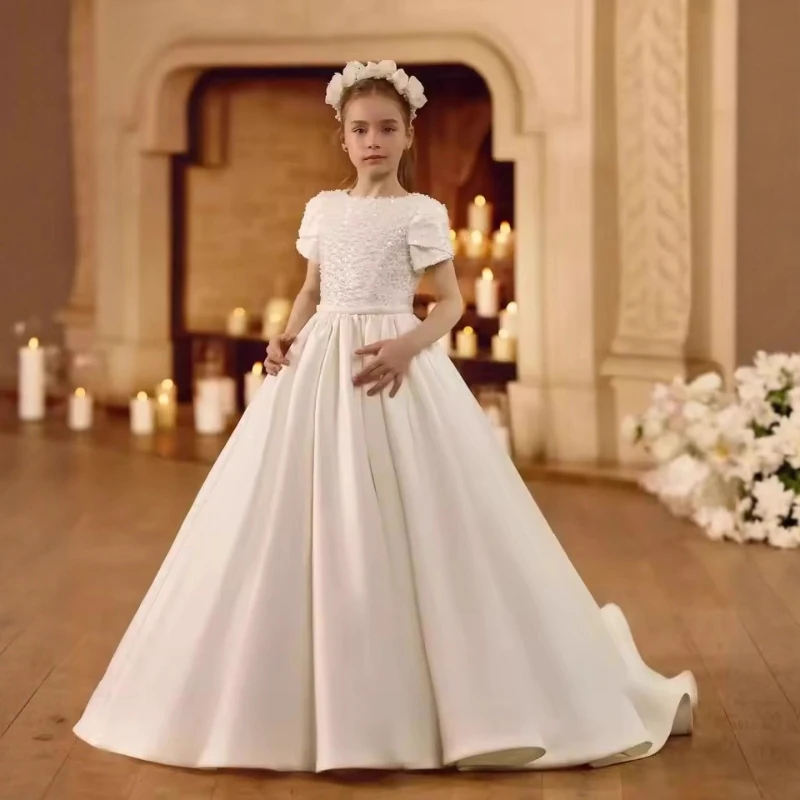 2026 Kids Sweep Train Dress Children Performance Flower Girl Model Runway Elegant Princess Dresses Girls Piano Beaded Birthday