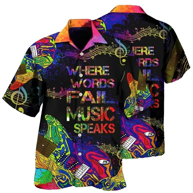 Guitar Music Graphic Hawaiian Shirt for Men Musical Instrument 3D Print Blouse Casual Short Sleeve Lapel Tops Loose Shirts