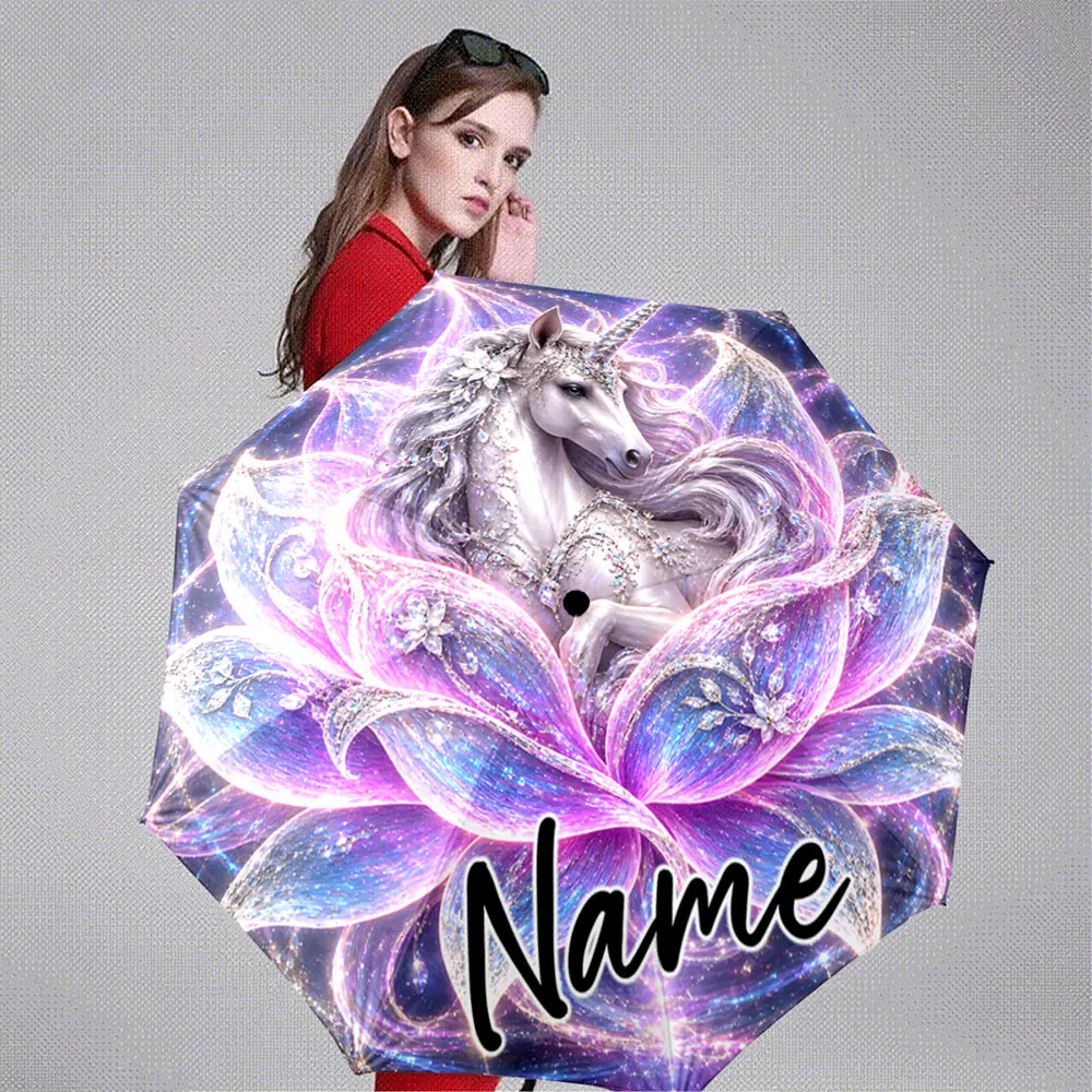 Custom Name Umbrella Dreamy Unicorn with Pink Lotus Sparkle 8 Iron Ribs Folding Umbrella Auto-Open Fashion Sunshade