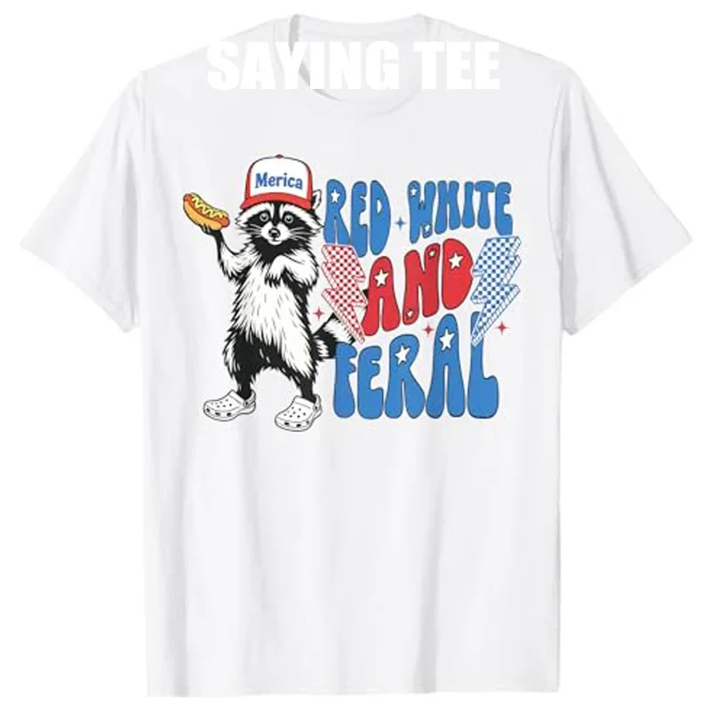 

Red White And Feral Raccoon Graphic Tee Patriotic Cotton T-Shirt Unisex
