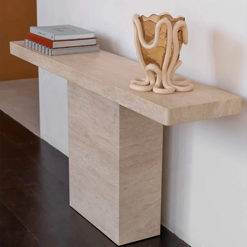 

#Modern Luxury Beige Travertine Console Table Slim Floating Long Tabletop Solid Square Pedestal Elegant Villa Entry Accent Table
