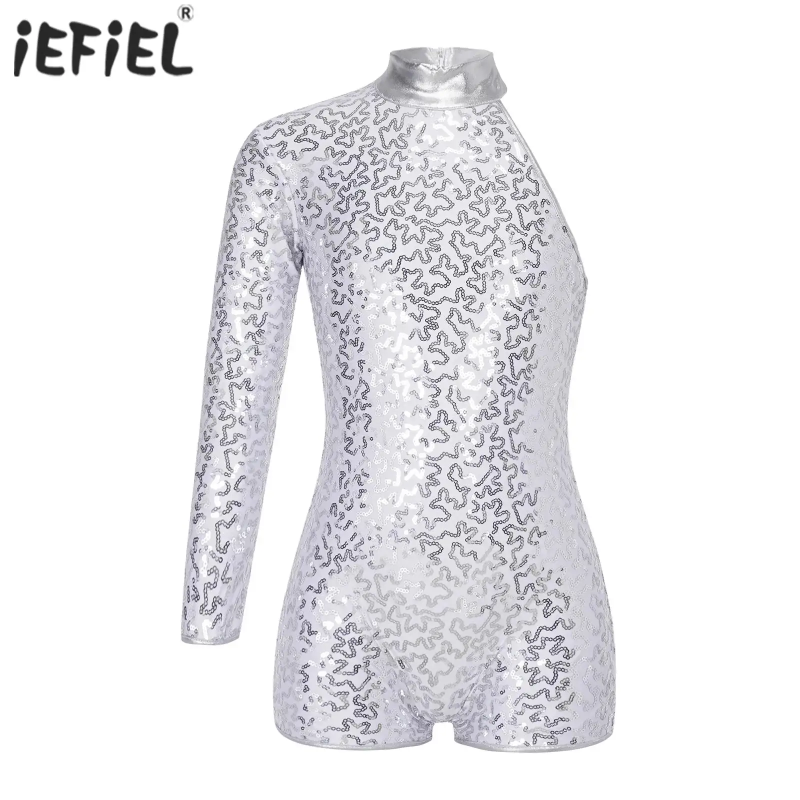 Kids Girls Gymnastics Leotards Ballet Dance Biketard Short Unitard Dancewear Long Sleeve Glitter Sequins Figure Skating Jumpsuit