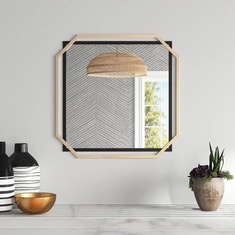 Modern Square Vanity Decorative Wall Mirror Matte Black Gold Metal Double Frame 22 Inch