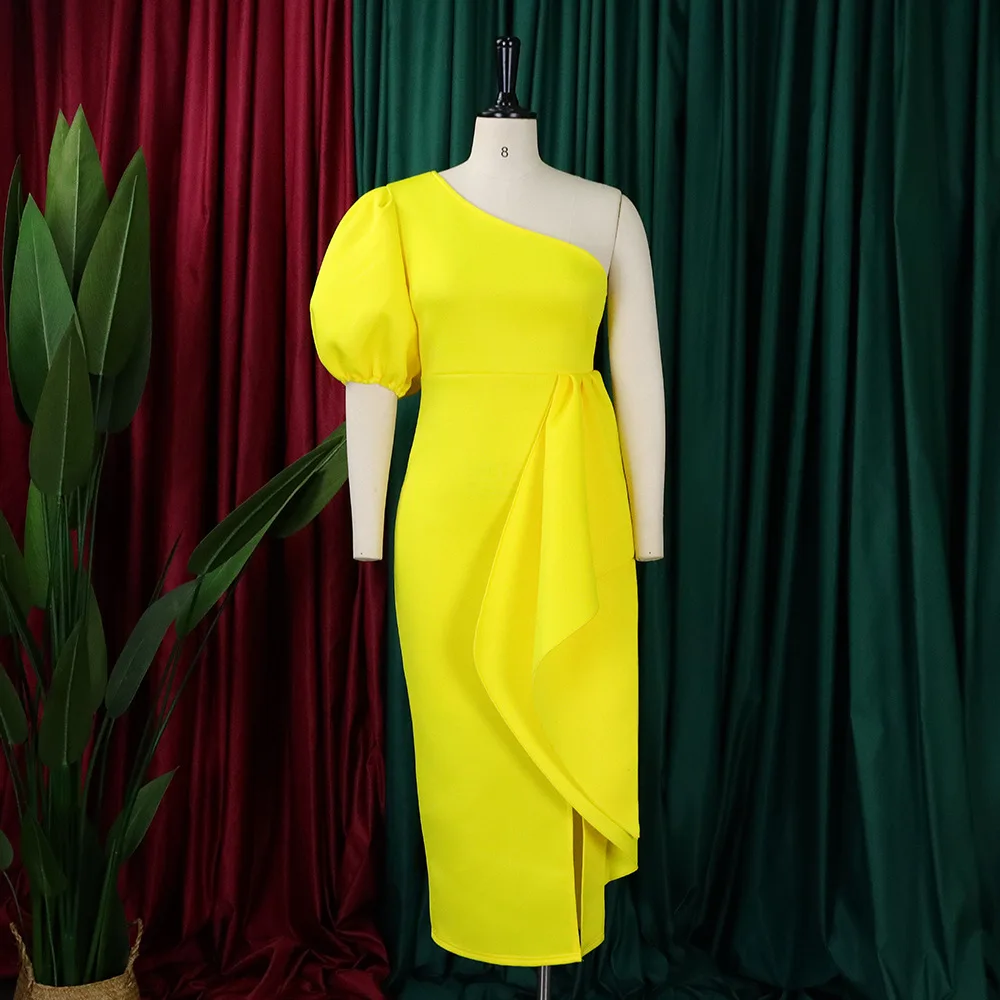 Women Party Dress One Shoulder Ruffles Evening Celebrate Occasion Sexy Sheath Slit Gowns Spring Summer Event Wedding Guest Robes