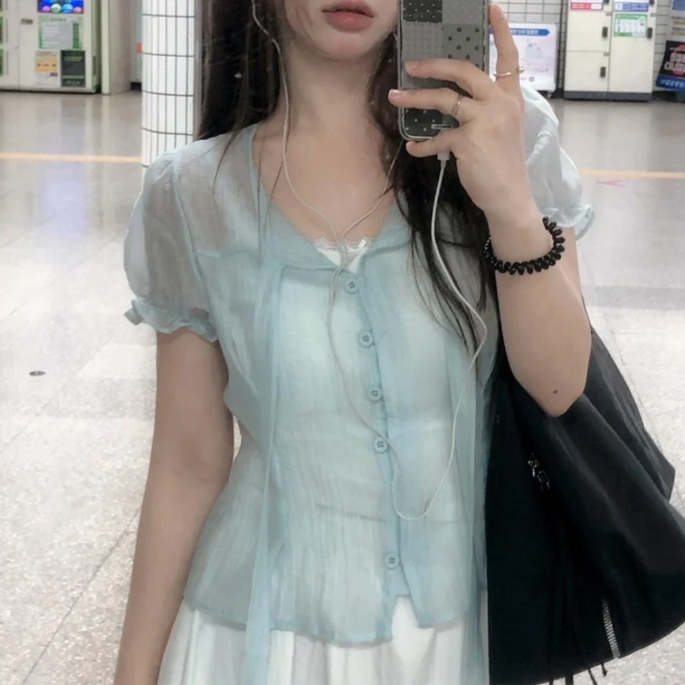 

Chic Summer Single Button Silk Scarf Lightweight Short Sleeve Women's Shirt Korean Style Slim Fit Polyester Fiber