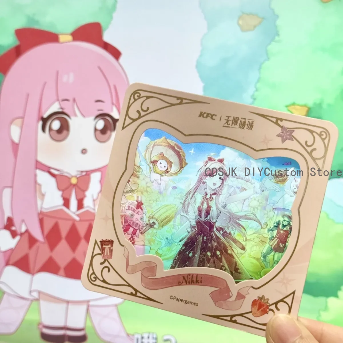 إنفينيتي نيكي الرسمية X KFC كولاب كوسبلاي مومو غطاء بطاقة دلو من نيكي، غطاء كوب بطاقة شفافة بمشبك Ack #5