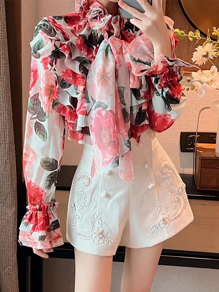 Ele BETTER LS Women's Silk Chiffon irt Floral Print Stand Collar Bell Sve Top Korean Sle Commute Faion Premium F...