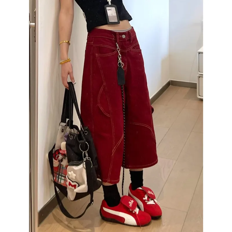 Retro Red Jeans Cropped Pants Women 2025 Eur Us R Summer Modern Neutral Deconstruction Pocket Curved Knife Workwear Shorts New