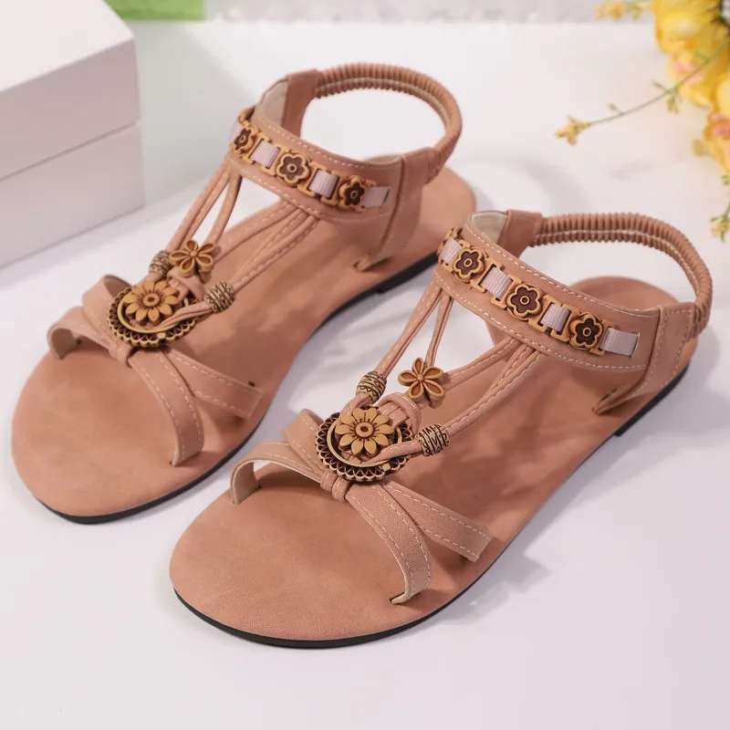 Vintage Ethnic Wind Soft Sole Sandals Women Boho Beaded Non-Slip Vacation Seaside Flat Beach Shoes Plus Size - view 5