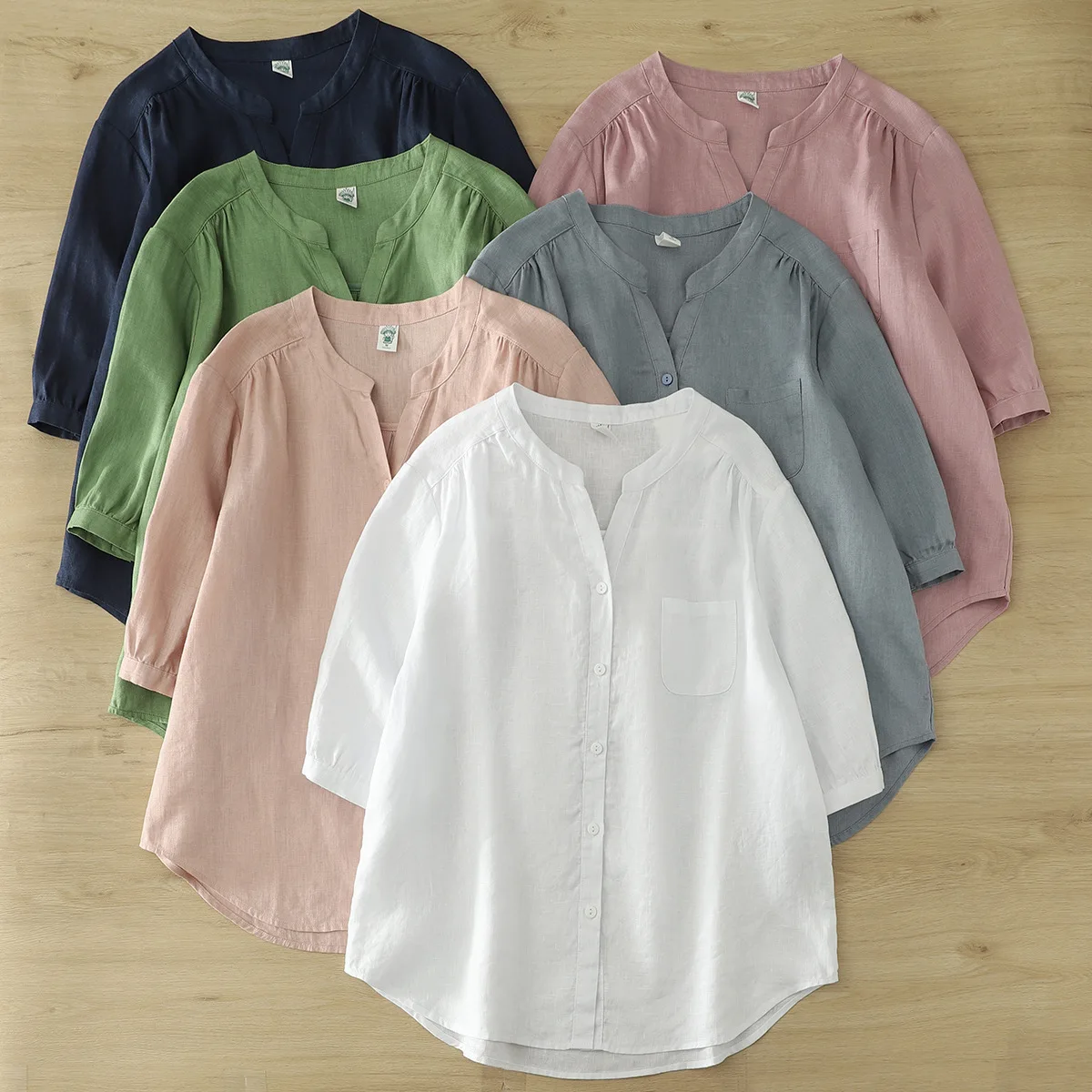 

2025 Summer New Linen Five Sleeve Women Loose Shirt Solid Color Female Casual Commuter Blouses