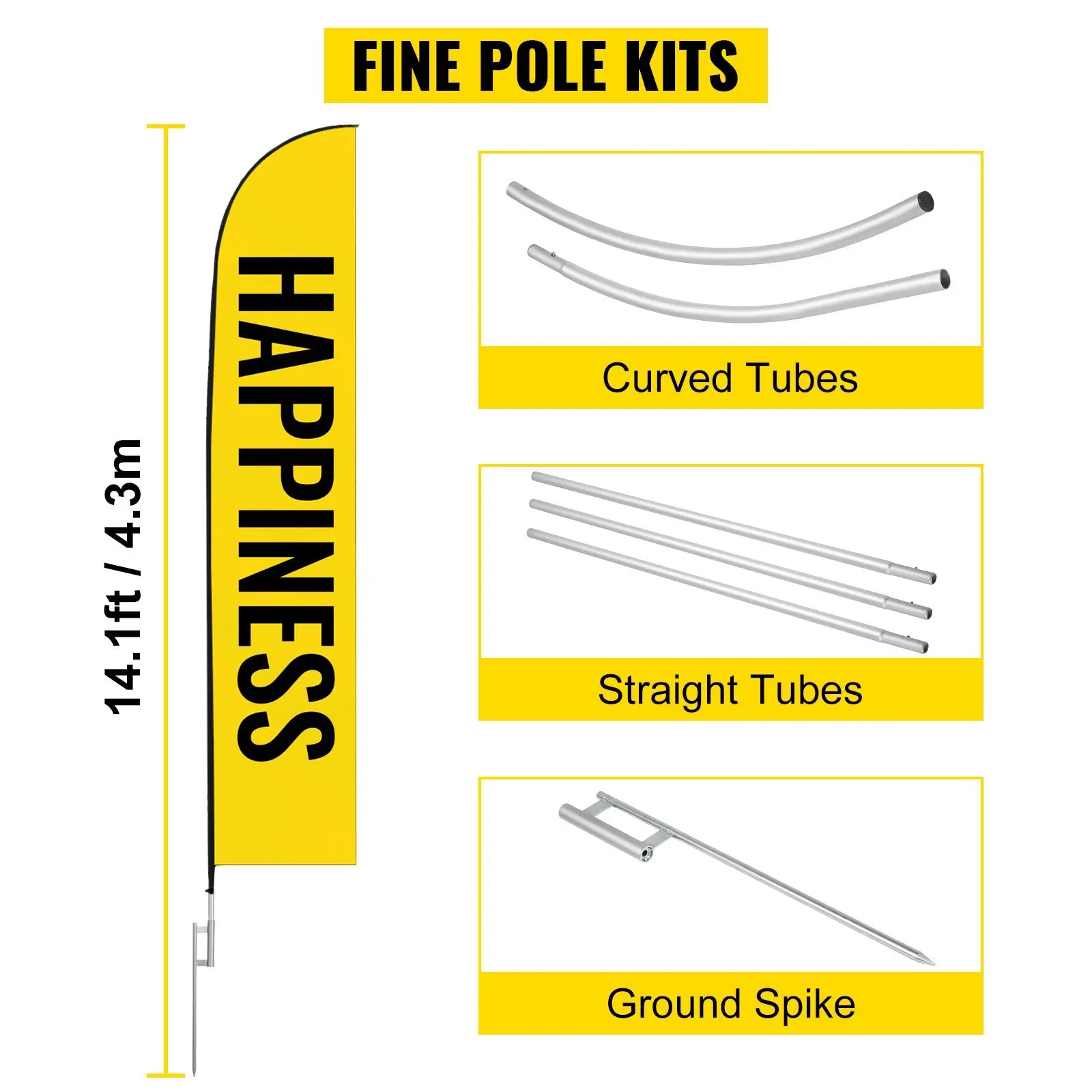 Advertising Flag Pole, 2 x Feather Flag Bundles with Ground Spike, 16 ft Windless Flag Pole Sets with Ground Mounting Stake