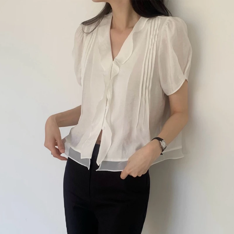Korean Style Short Sleeve Single Button Fake Two-Piece Blouse Lace Trim Slim Fit Summer Shirt for Women in Their 20s
