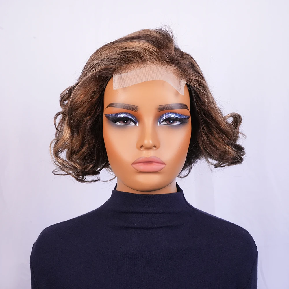 Peruka Body Wave z przezroczystą koronką 4x4, peruki z ludzkich włosów, krótki bob, peruki z ludzkich włosów, wstępnie wyregulowane, w kolorze pianino i naturalnym.