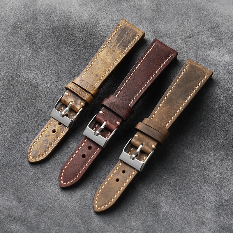 Handmade First Layer Calfskin Leather watchband 18 20 21 22MM Vintage Brushed Leather Bracelet,Men's Antique Watches Bracelet