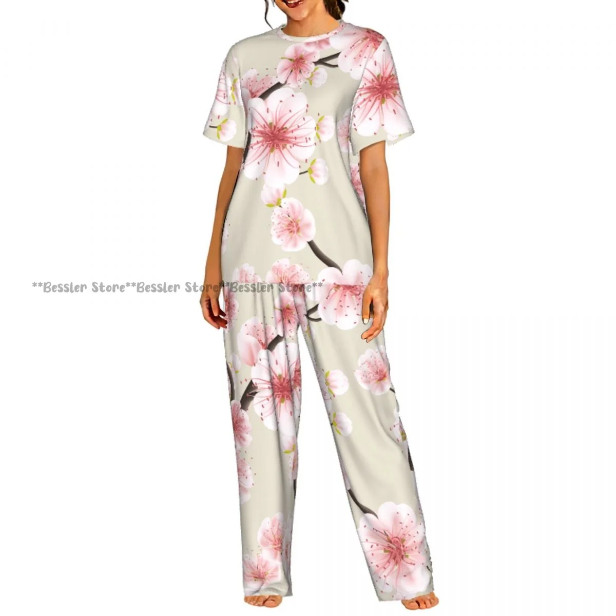 

Женская комфортная пижама: весенний комплект с коротким рукавом, розовый, с символикой японской сакуры (вишни)
