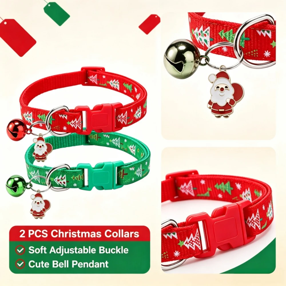 Christmas Pet Collar 2-Piece Set, Adjustable Red and Green Christmas Tree Pattern Collar for Dogs and Cats, with Jingle Bell and Santa Claus Pendant, Quick-Release Buckle Holiday Accessory Necklace, Cute Christmas Outfit Gift, Suitable for Puppies, Kittens, and Small Animals