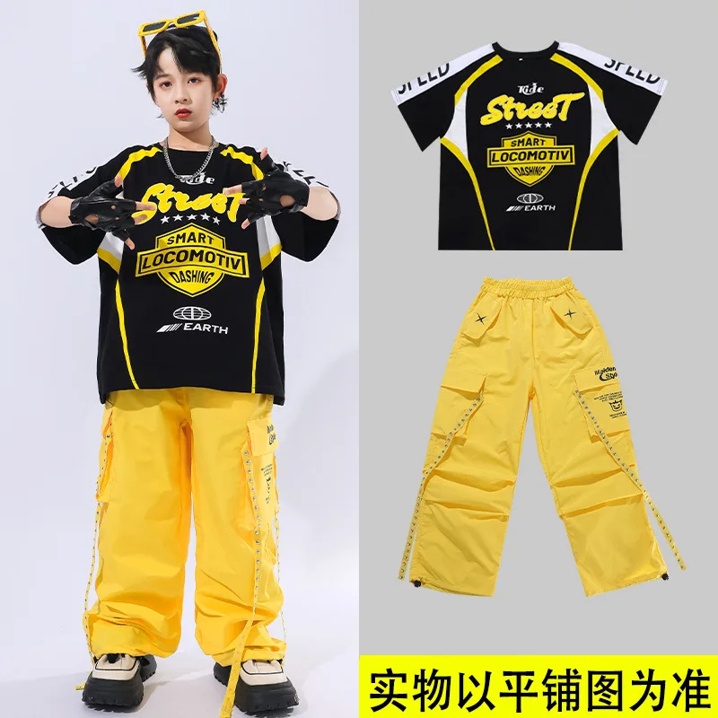 Ragazze Hip Hop Giallo Crop Top Pantaloni cargo Set di vestiti Ragazzi Street Dance T-shirt a contrasto Bambini Costumi jazz Bambini Streetwear