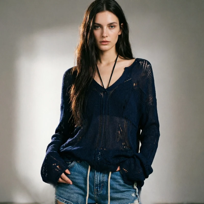 

Loose Knit Cover Up 2026 Spring Women Long Sleeve Hollow Out Shirts V-neck Blouse New Elegant Solid Fashion Casual Knitwear Tops