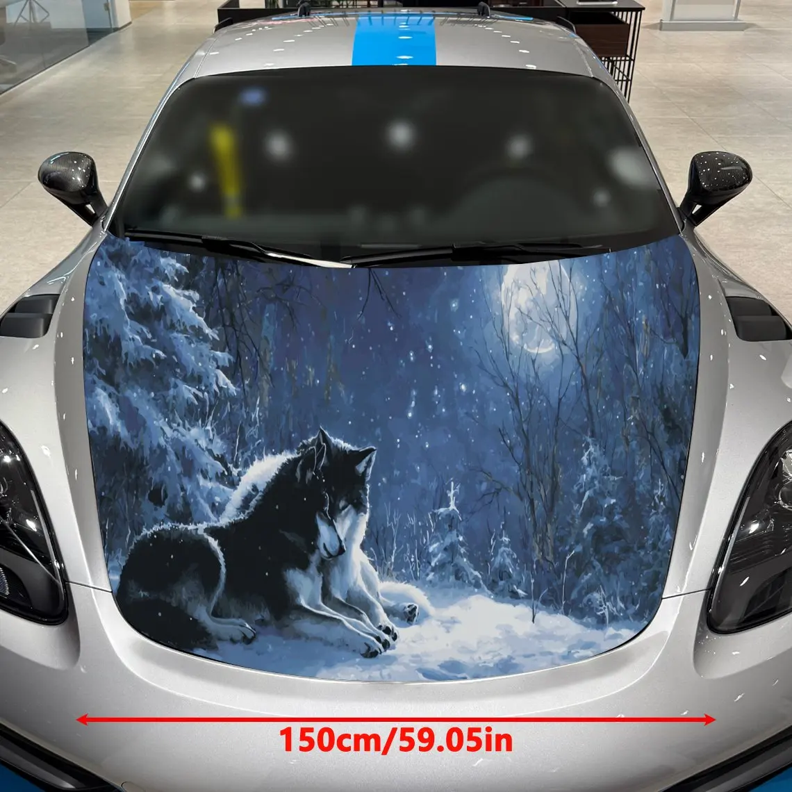Snow Wolf Couple Mystic Exploration PVC Car Hood Wraps, Self-Adhesive Waterproof Car Bonnet Decal Sticker, Car Decoration Protec