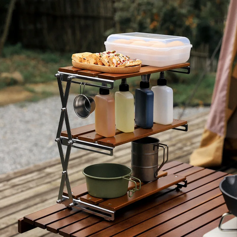 

Waterproof Wood Metal Collapsible Folding Tripod Portable Outdoor Camping Picnic Table Shelf Beach BBQ Herb Spice Tools