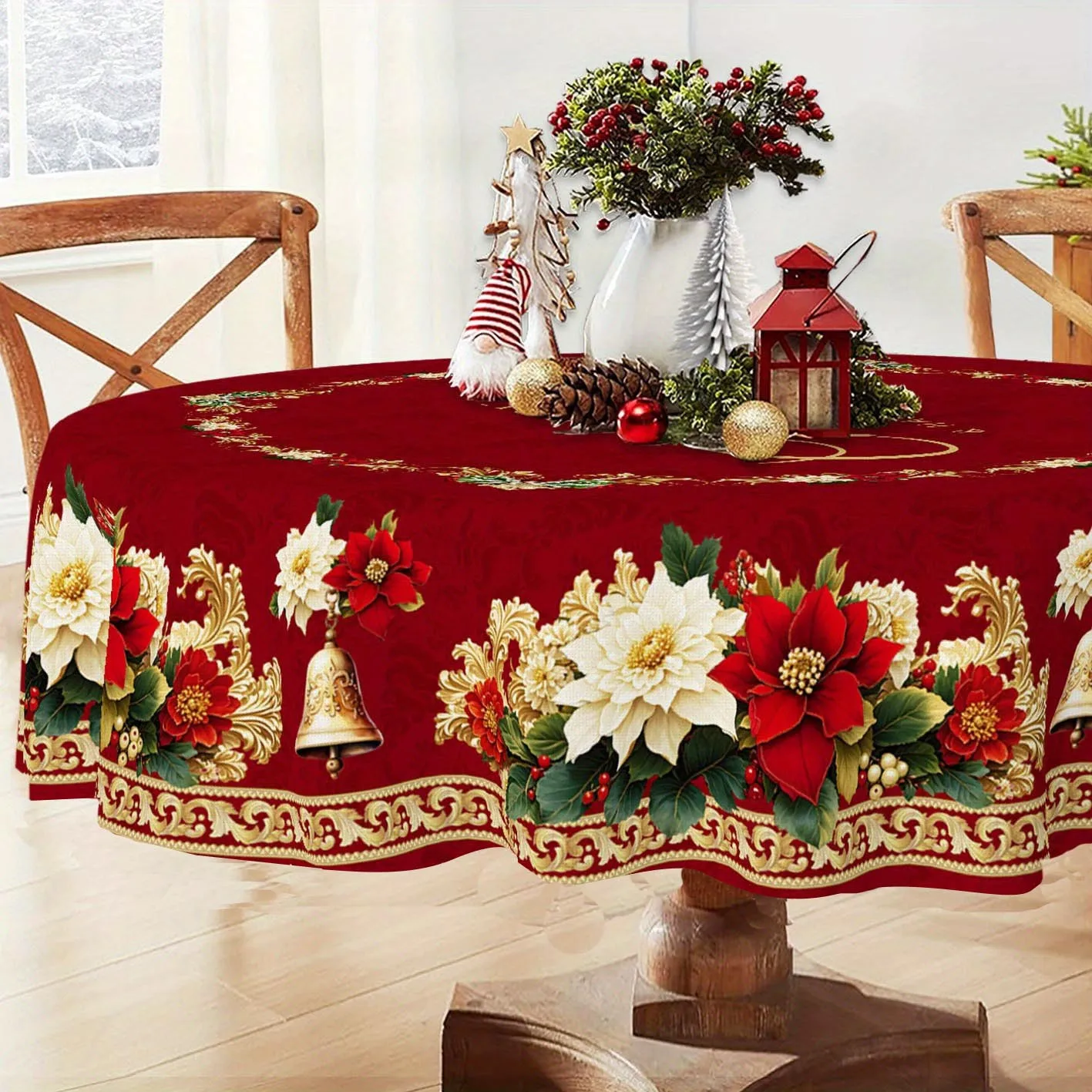 1PC 2D Flat Vintage Flower Print Christmas Tablecloth - Elegant Red and Gold Two Tone Polyester Material